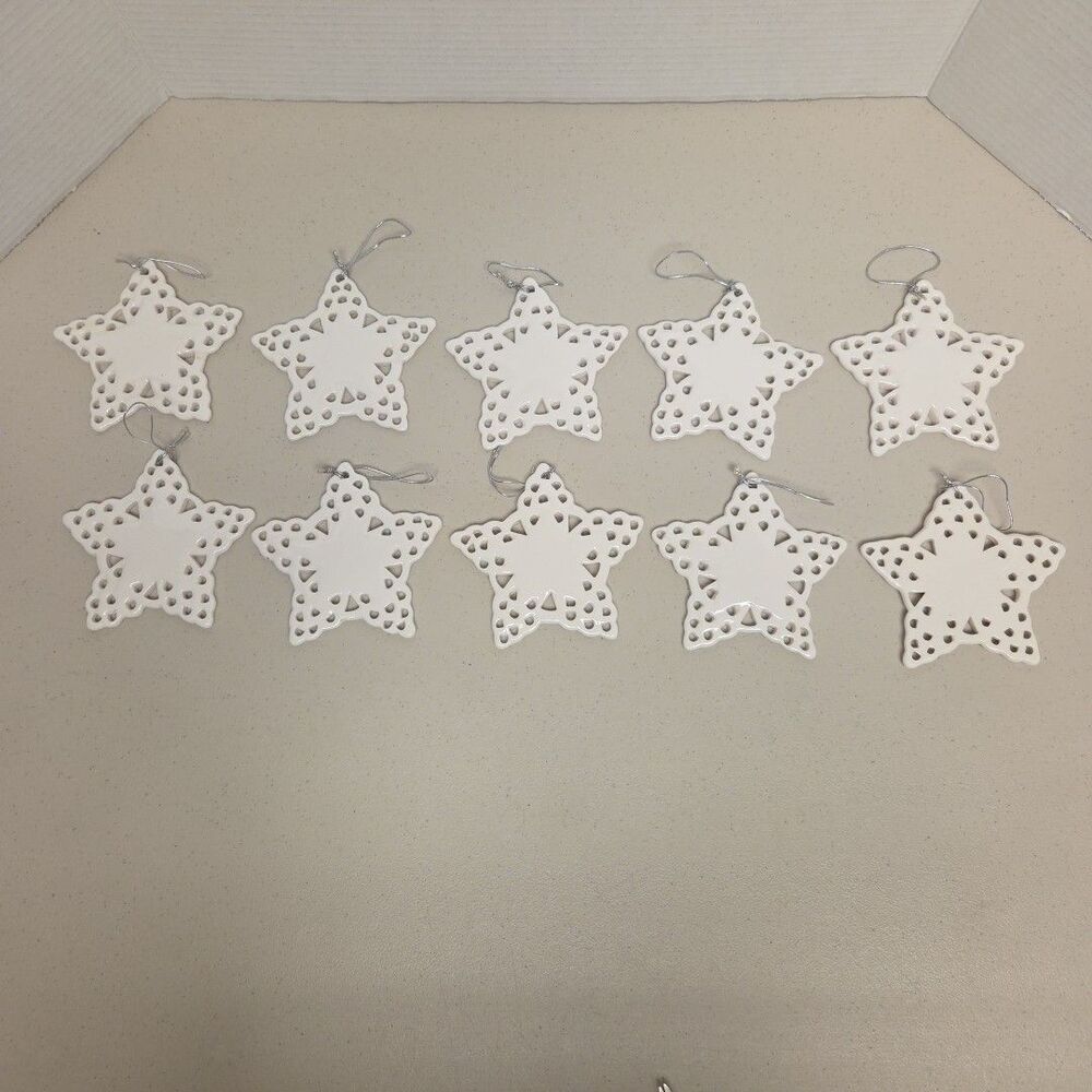 Set of 10 Porcelain Lace Edge Star Christmas Ornaments White